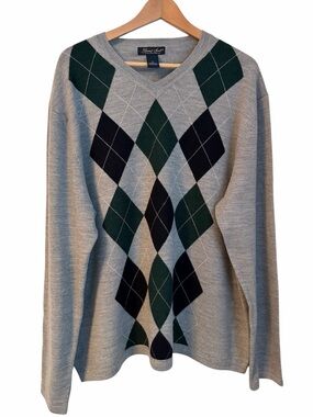 Garret Scott Men’s XL 100% Merino Wool Argyle V Neck Sweater Gray Green